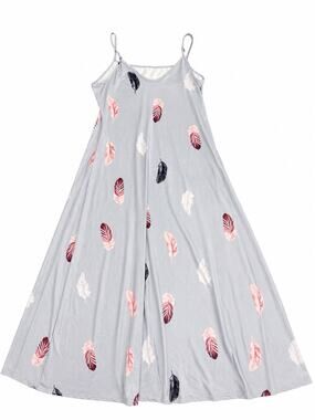 Womens XL Gray Feather Print Maxi Dress Spaghetti Strap Sleeveless Boho